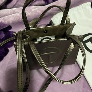 Mini telfar shopping bag, silver color